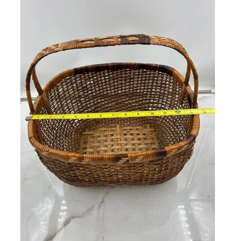 Vintage Handwoven Wicker Basket Rectangular Brown Tan Storage Decor with Handle